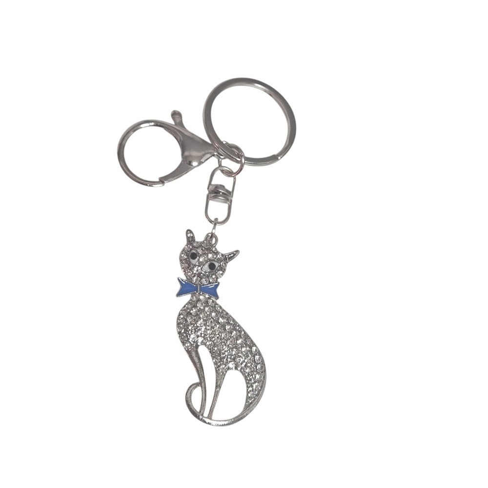 Rhinestone Cat Keychain Purse Charm, Cute Kitty Keyring, Blue Bow‎ Gift, Silver